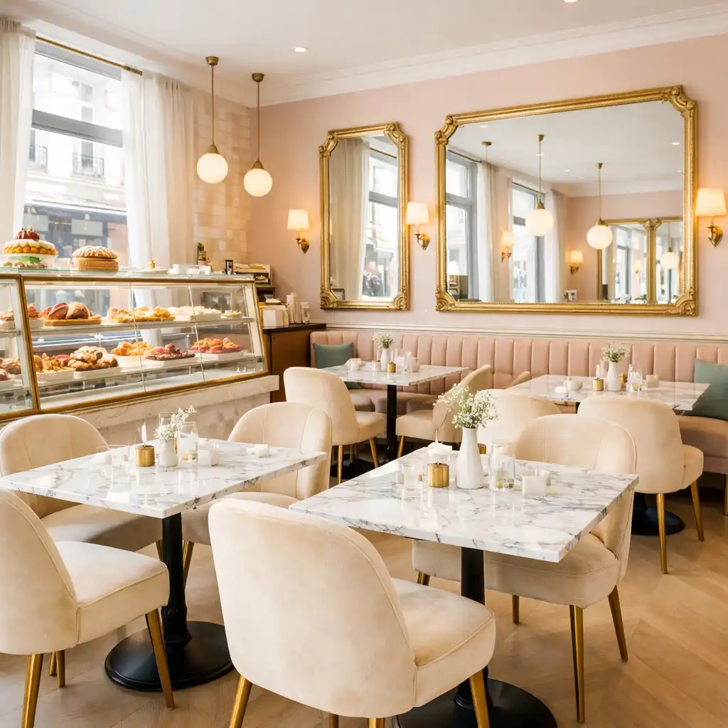 Jasne wnętrze bistro Xevoranu w ciągu dnia z eleganckimi stolikami i witryną cukierniczą
