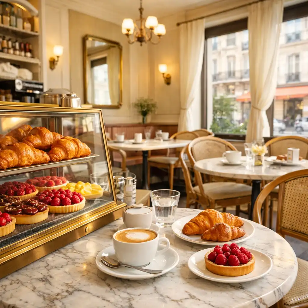 Jasne wnętrze bistro Xevoranu z witryną cukierniczą pełną rogalików i tart