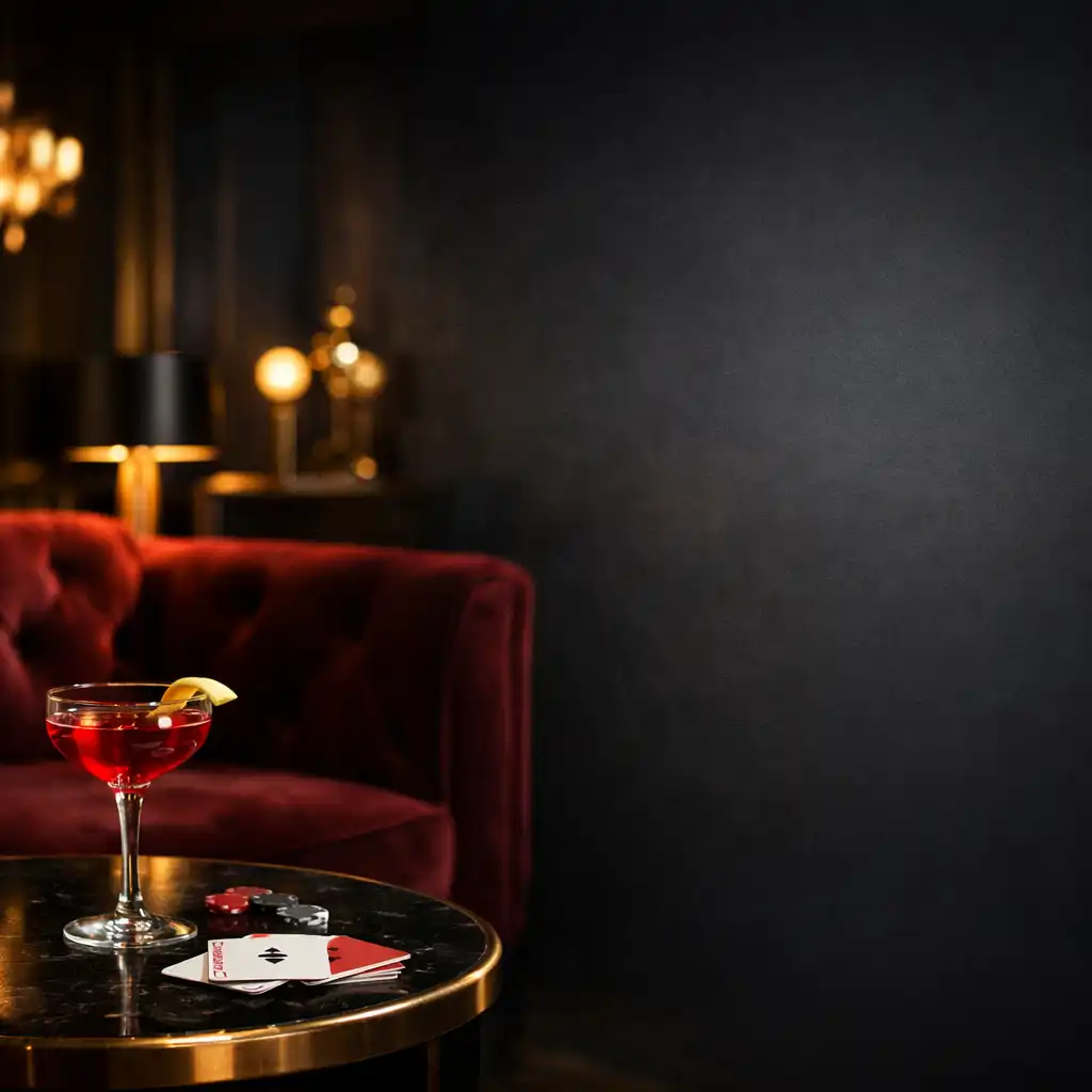 Elegancki wieczorny lounge z ciemnymi ścianami, burgundowymi sofami i złotymi detalami