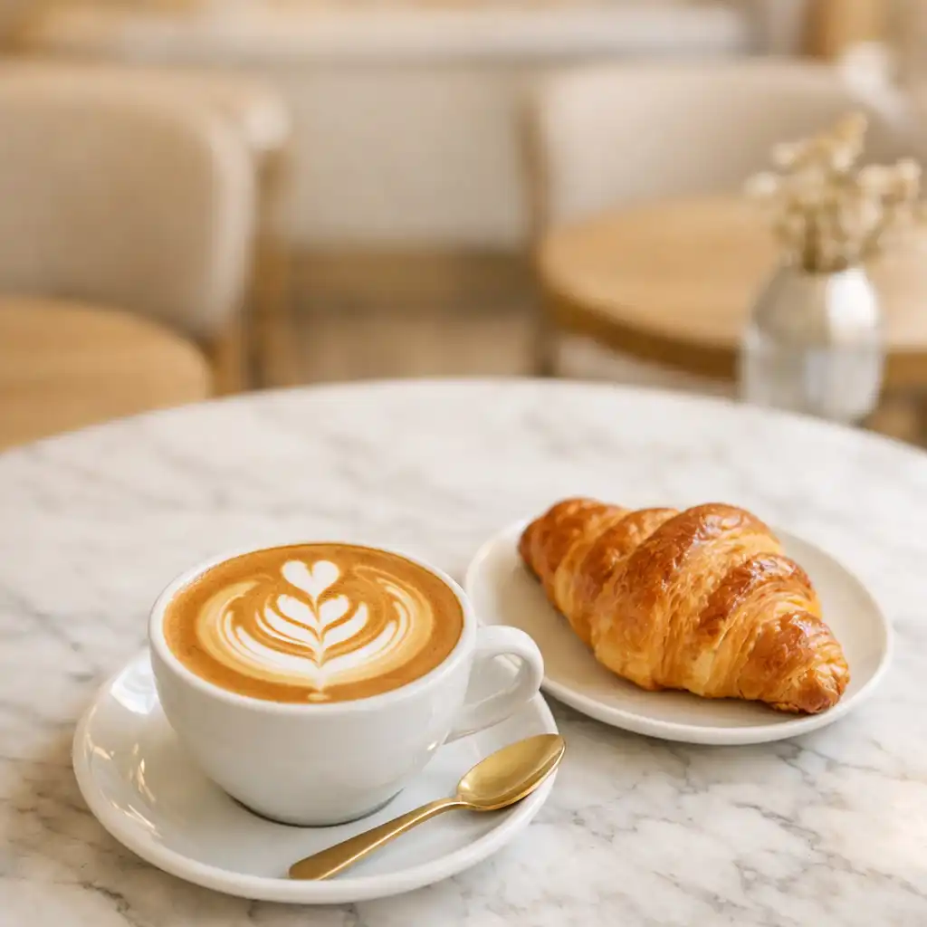 Filiżanka kawy speciality z latte art obok maślanego croissanta na marmurowym stoliku