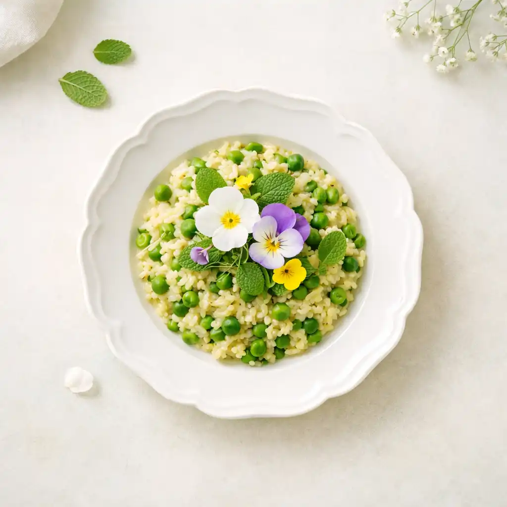Kolorowe risotto z zielonym groszkiem i miętą podane na eleganckiej białej porcelanie