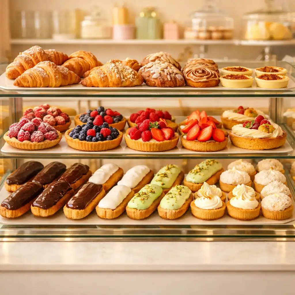 Witryna cukiernicza w bistro wypełniona różnorodnymi wypiekami: croissantami, tartami z owocami i eklerami
