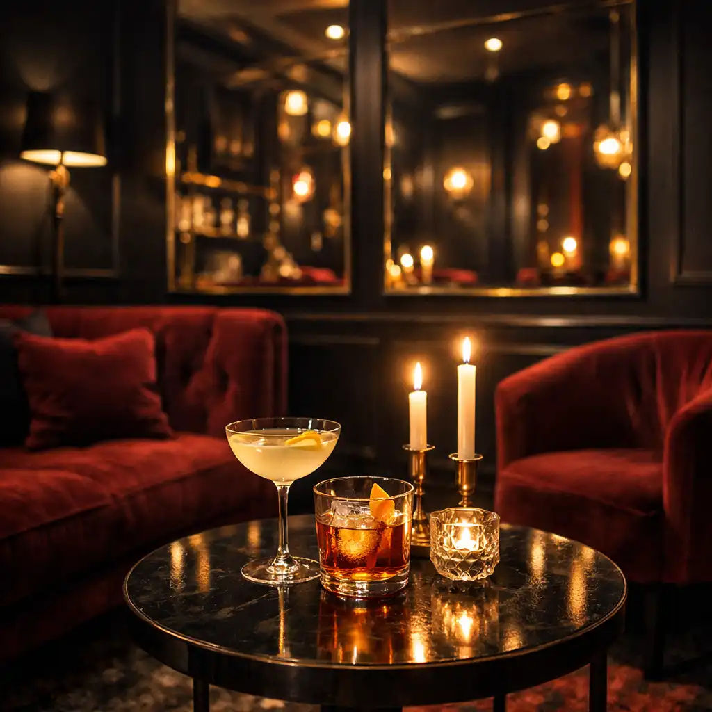 Wieczorny lounge Xevoranu z eleganckim stołem, koktajlami i świecami