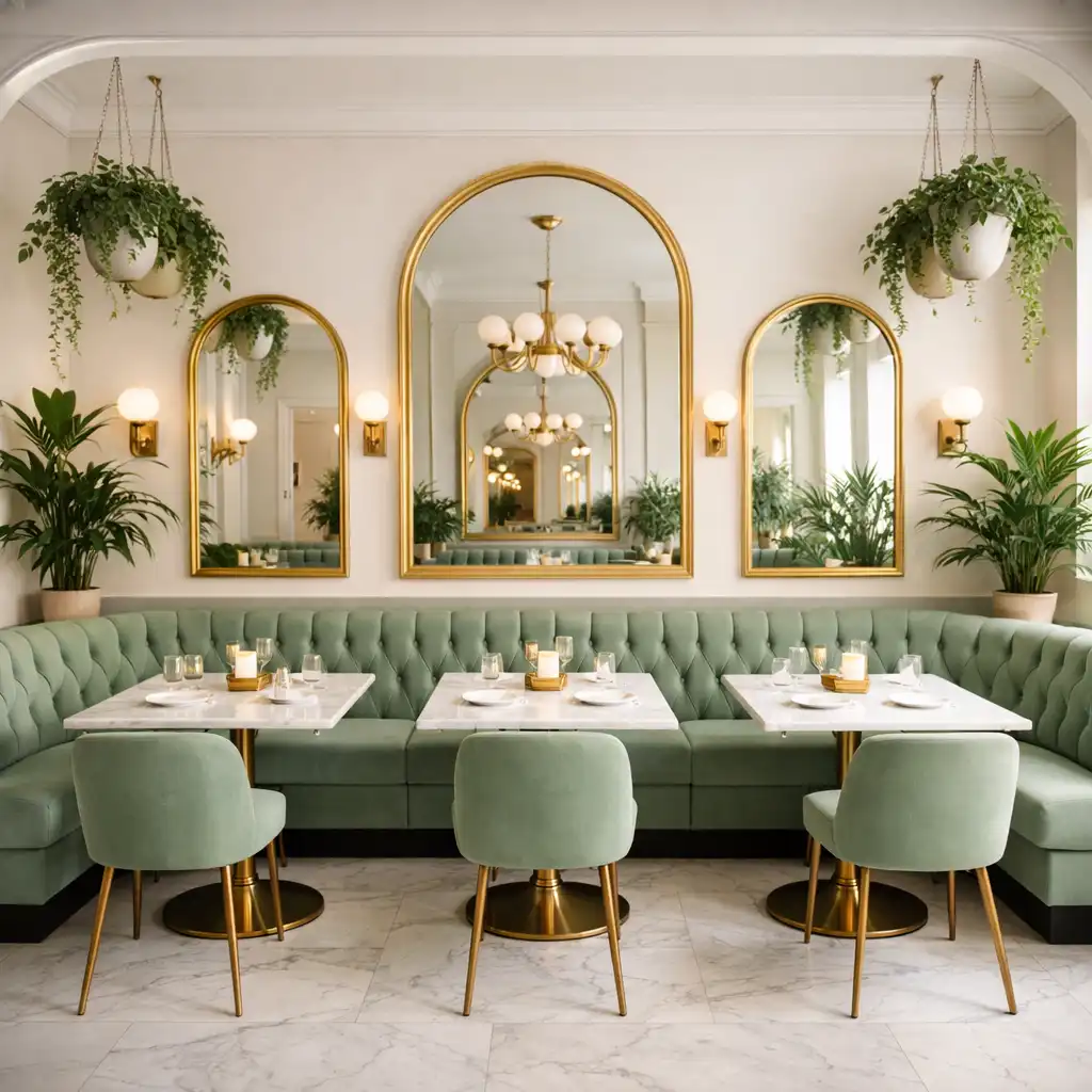 Wnętrze bistro Xevoranu z miękkimi obiciami, lustrami i roślinami